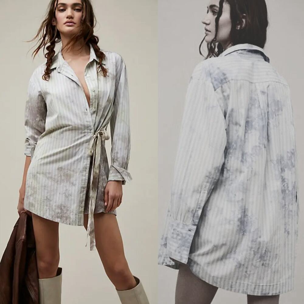Free People Nola Shirtdress Honey Bunny Grey Wash Normcore Stripe Tiedye Boho XL